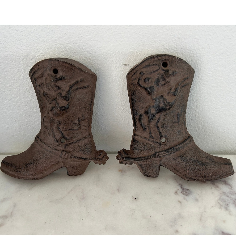 Vintage Cast Iron Cowboy Boot Wall Decor Set of 2 Western Bronco Brown